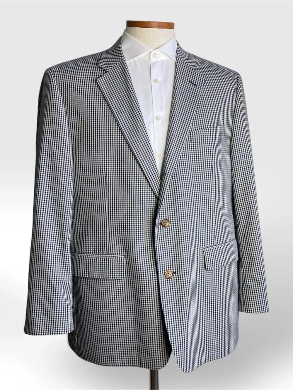 Orvis Navy Beige Gingham Check 3 Button Sport Coat Blazer Cotton Preppy Size 46R
